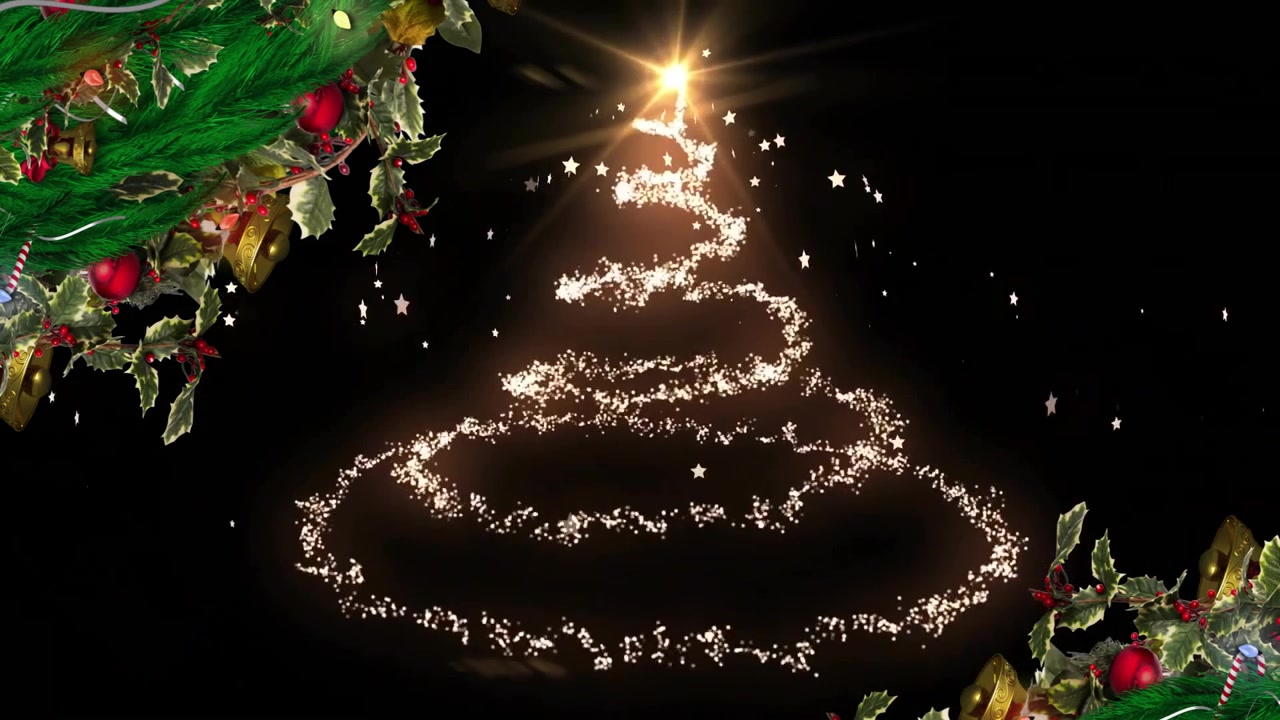 Animação de guirlandas de natal e árvore sobre fundo preto
