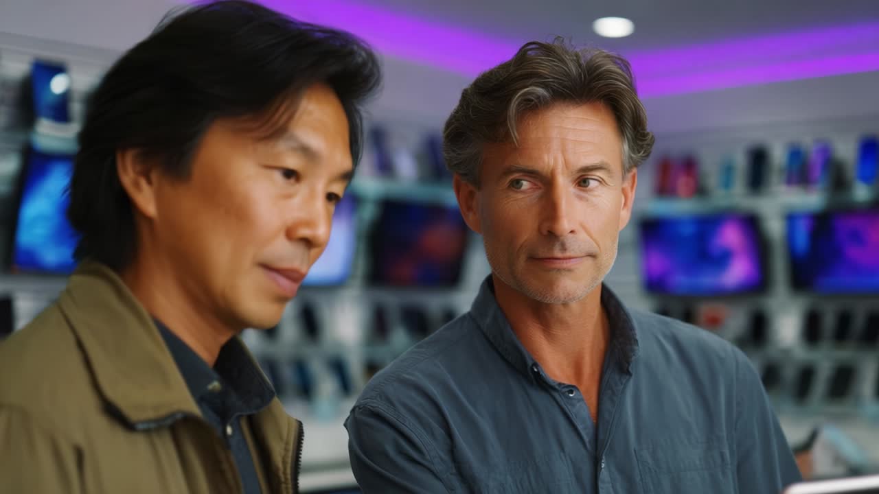 Two men engaged in a thoughtful conversation in a modern technology store, surrounded by high-tech displays and vibrant lighting, reflecting their interest in gadgets and innovations available around them