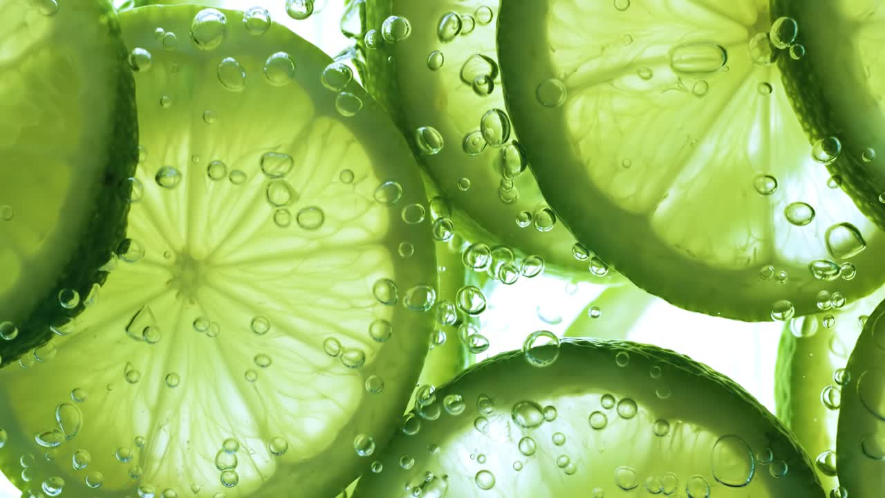 rebanadas de cal que caen profundamente bajo el agua. filmado en cámara súper lenta 1000 fps.