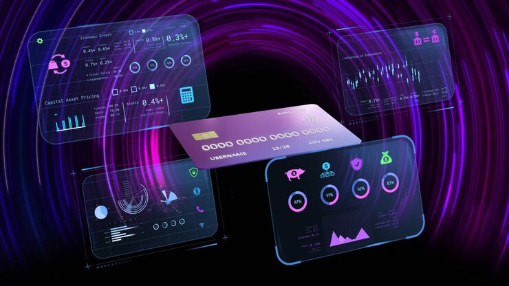 Animation of financial data processing and credit card over purple circles on black background