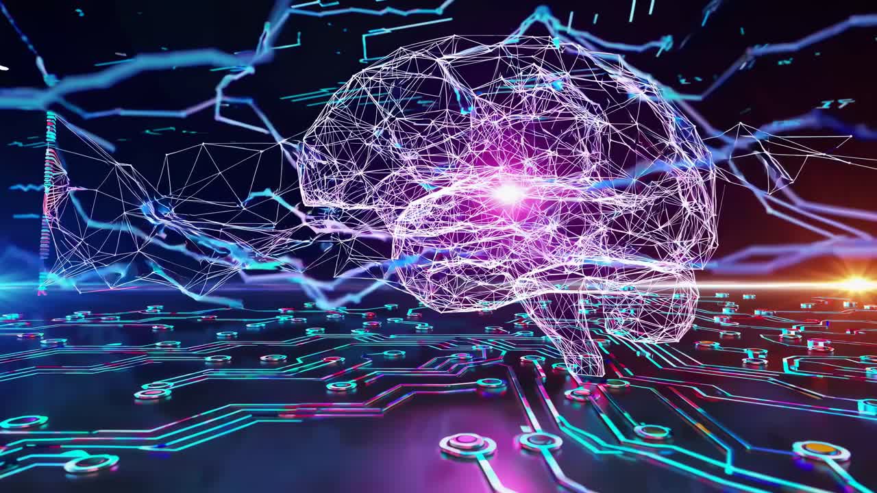 Futuristic video concept of a digital brain with neon lines and circuits