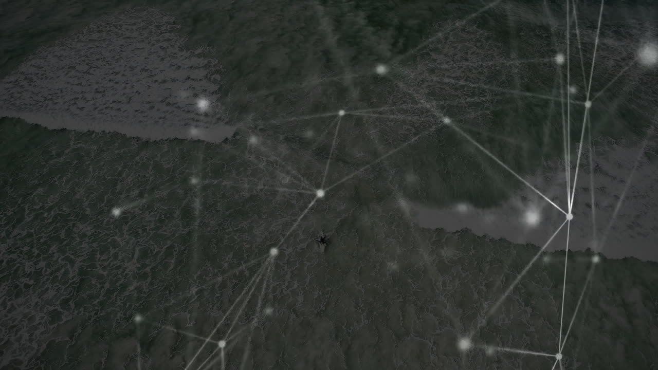 Network of connections and data processing animation over aerial landscape
