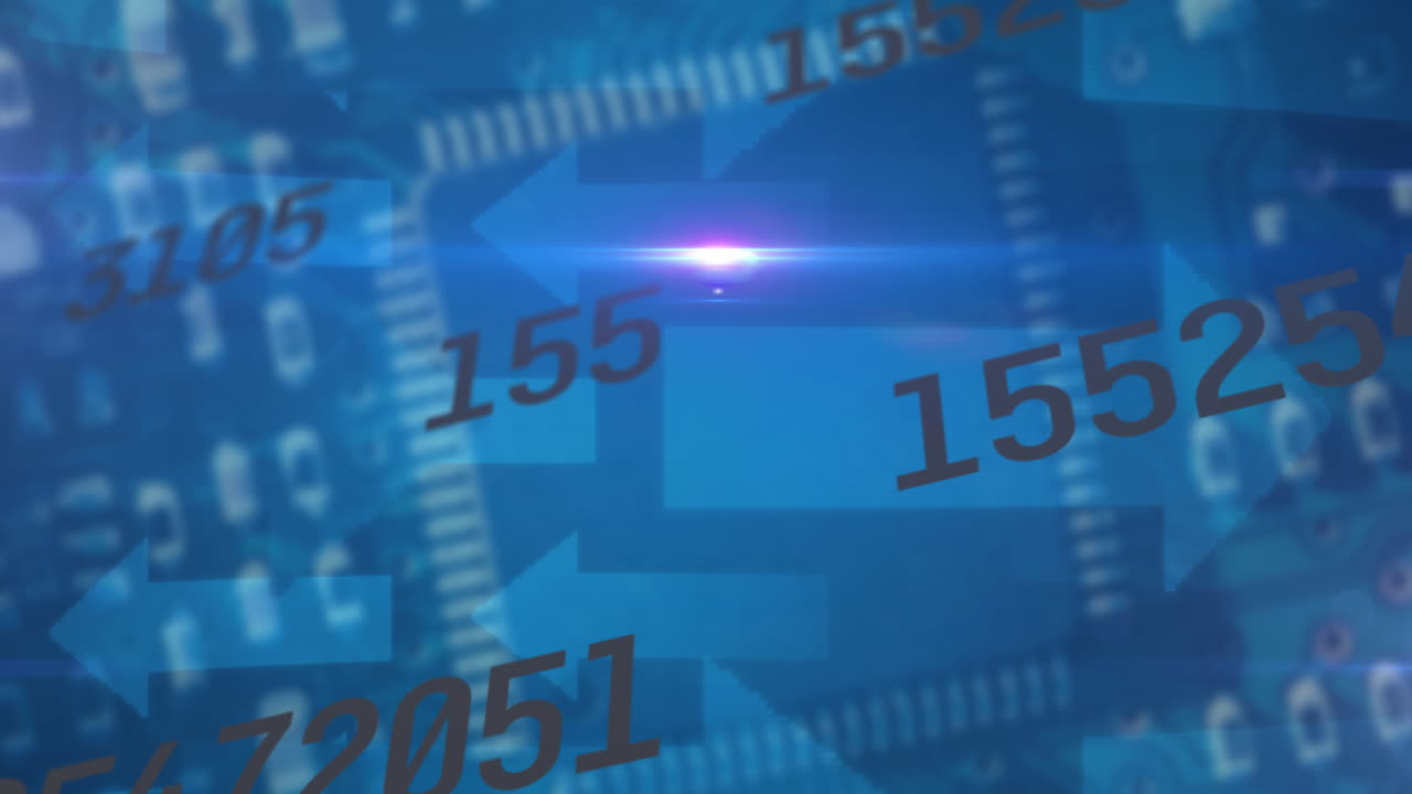 Animation of light spot, changing numbers and arrow icons against close up of a server