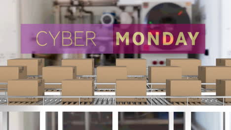 animación del texto de cyber monday sobre cajas de cartón en cintas transportadoras en el almacén