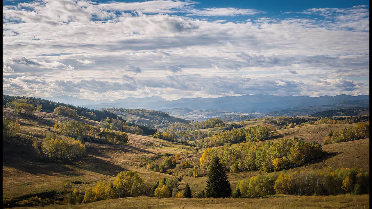 Weitläufige ländliche Landschaft mit geschichteten Hügeln, Bäumen und dramatischen Wolkenformationen unter hellem, natürlichem Sonnenlicht