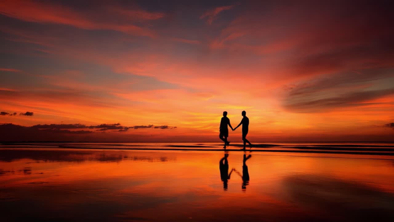 A Romantic Evening Walk on the Beach: Silhouetted Figures Stroll Hand in Hand Against a Vibrant Sunset Sky Reflecting on the Water's Surface