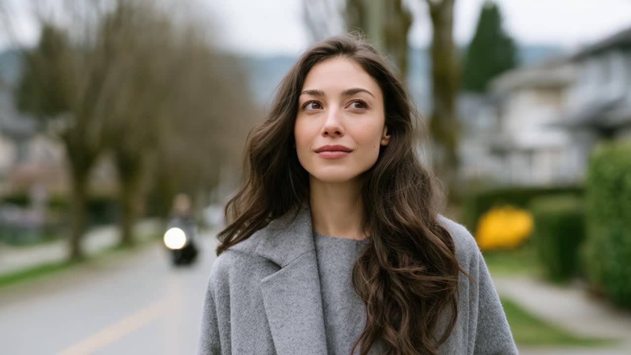 Una giovane donna si gode una serena passeggiata lungo la strada del quartiere, abbracciando la tranquillità della natura tra il verde e il fascino residenziale