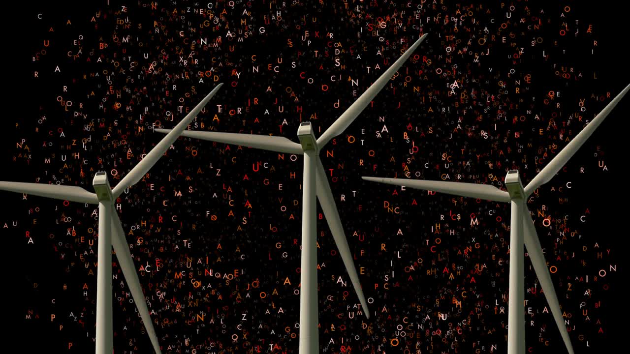 컴퓨터 애니메이션 배경으로 회전하는 풍력 터빈