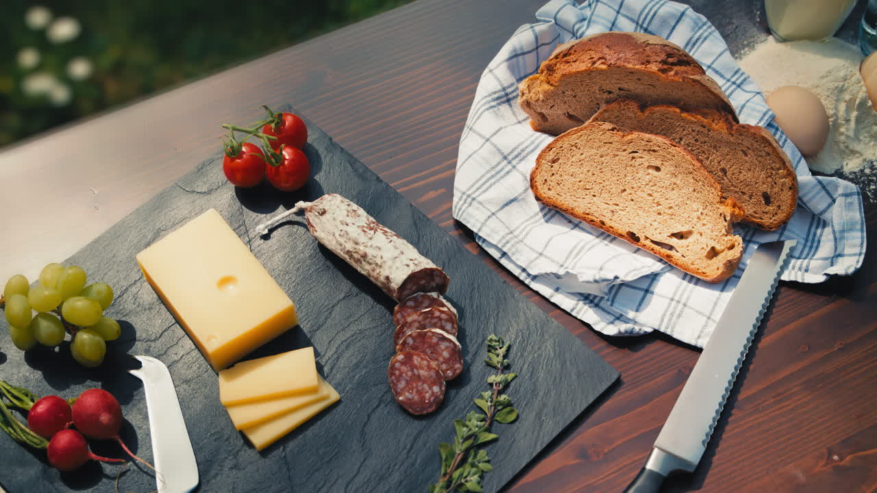 Topshot of a garden table showcasing an assortment of mouthwatering snacks including salami, cheese, and bread. Great for food vlogs, recipe videos, and appetizing product presentations