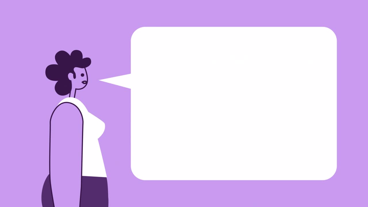 보라색 스타일의 여성 평평한 캐릭터는 음성 거품으로 설명합니다. 알파 채널과 함께 고립된 루프 애니메이션