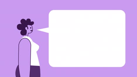 estilo púrpura mujer personaje plano hablando explicar con burbuja de habla. animación de bucle aislado con canal alfa