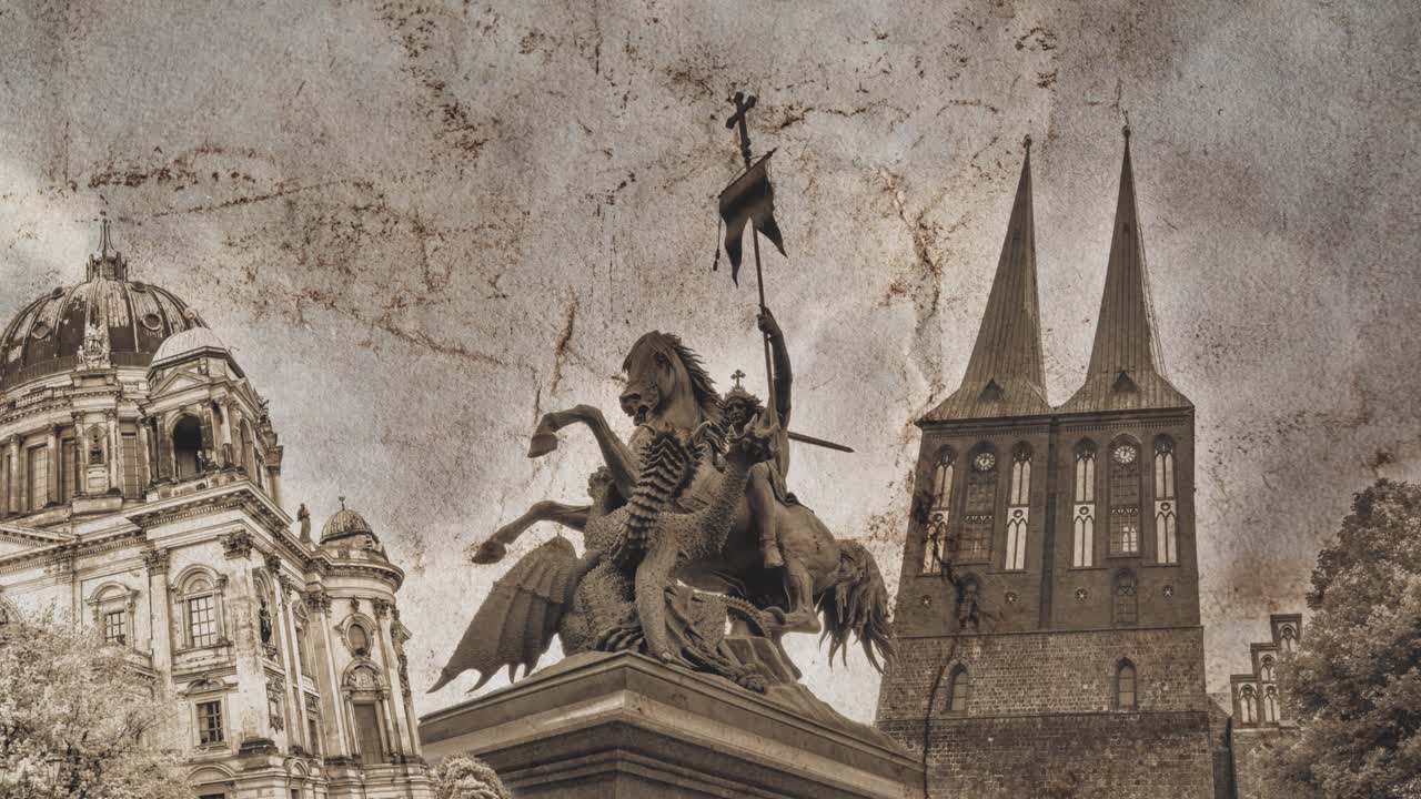 독일의 베를린의 랜드마크의 느린 동작 콜라지는 오래된 빈티지 은 종이와 구름과 함께 하늘 타임 스, 파랄락스 효과와 함께 창의적인 4k 비디오 루프 애니메이션.