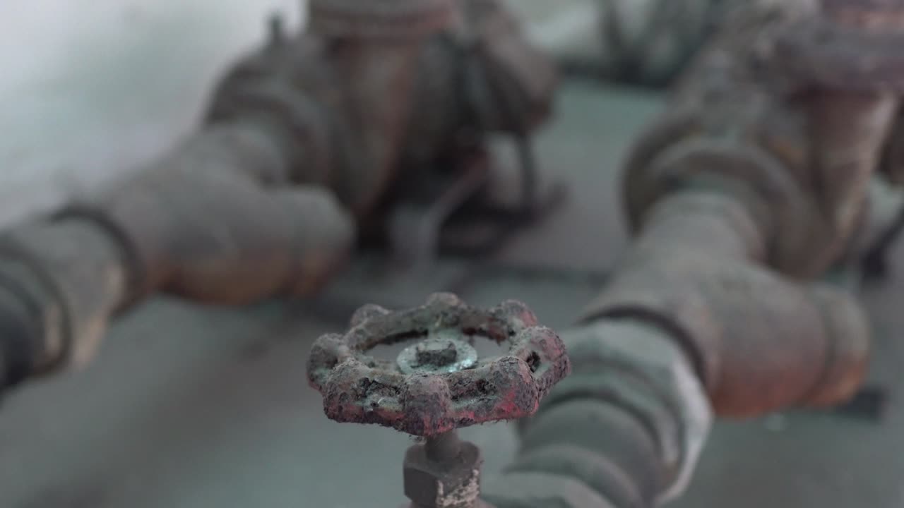 viejo y oxidado grifo y tuberías de metal. inclinación disparado de arriba a abajo.