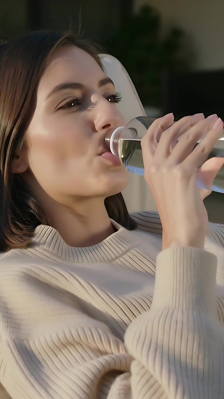 Vídeo vertical: Mulher reclinada a beber de uma garrafa numa espreguiçadeira, vestindo um suéter creme e óculos de sol.