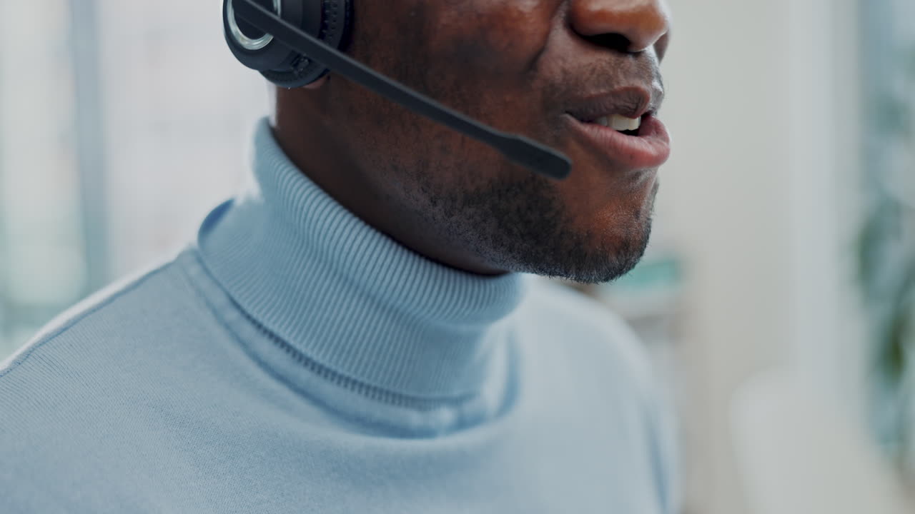 Call center, smile and black man in office