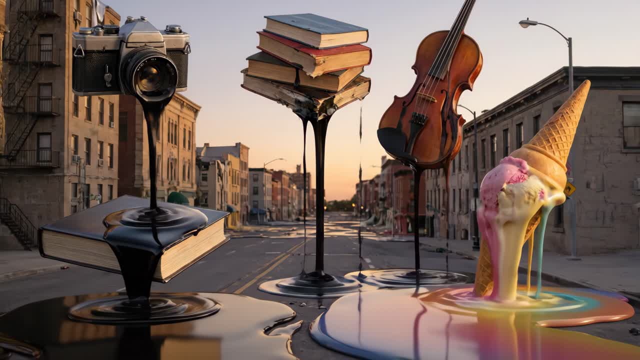 Oggetti surreali che si sciolgono in una strada cittadina vuota al tramonto