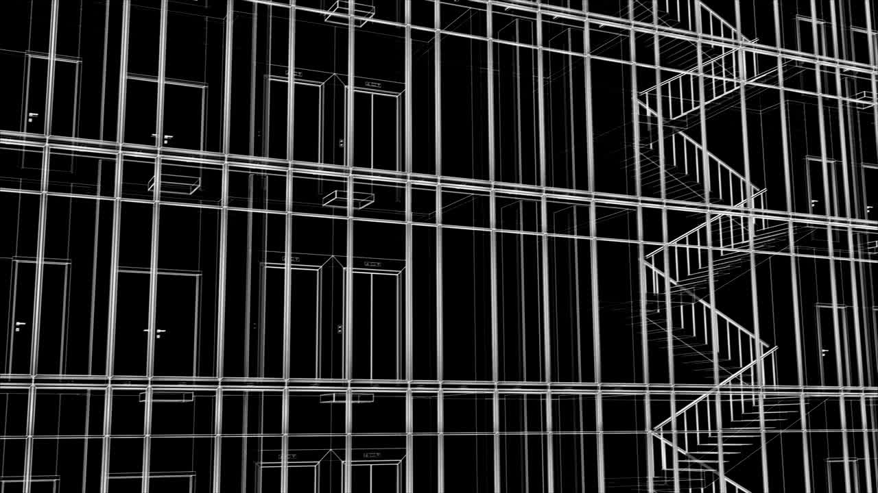 hermoso abstracto edificio moderno fachada cuadrícula de construcción plan de construcción sin costuras. animación en bucle 3d de rascacielos exterior e interior en líneas sobre fondo negro.