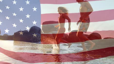 Animation-of-flag-of-usa-over-diverse-group-of-friends-at-beach