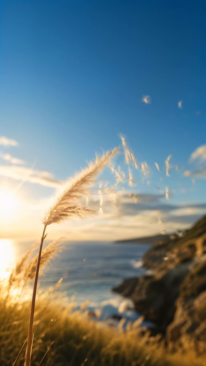 Uma planta selvagem contraluz balança perto de uma costa acidentada enquanto sementes fofas se elevam de sua pluma e se espalham para a direita, emoldurada por céu azul, nuvens suaves, água cintilante e luz solar baixa e quente