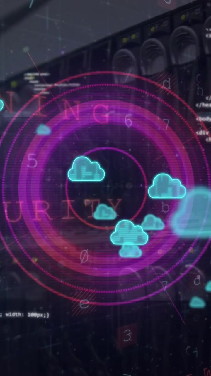 Animation of clouds, circles, computer language, letters, texts, numbers, electronic equipment