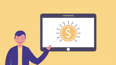 businessman with tablet and coin app avatar character