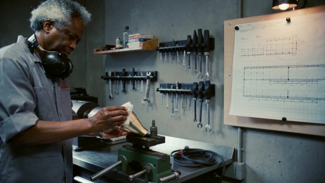 Picking up brass cone, machinist wiping with cloth while seating in vise to inspect, copy space