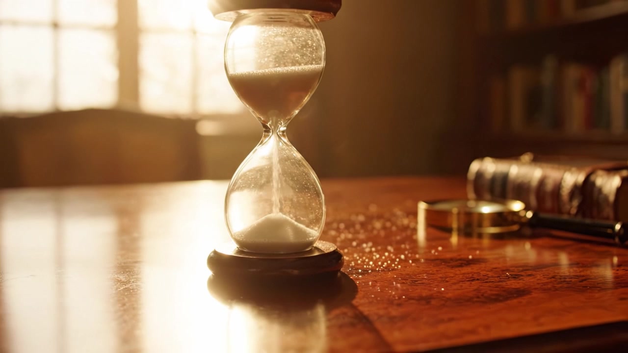 Il Passaggio del Tempo: Un Primo Piano di una Clessidra su una Superficie di Tavolo Lucida Immersa in Luce Calda, Simboleggiante la Natura Effimera del Tempo e la Riflessione