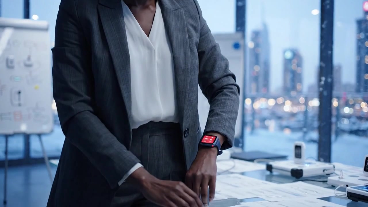 Business Professional Checking Smartwatch for Time Management and Planning in Modern Office with City View at Dusk, Reflecting Productivity and Innovation