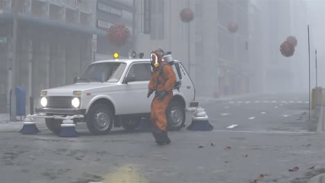 a man in a biohazard suit dance in the city with a flying coronavirus