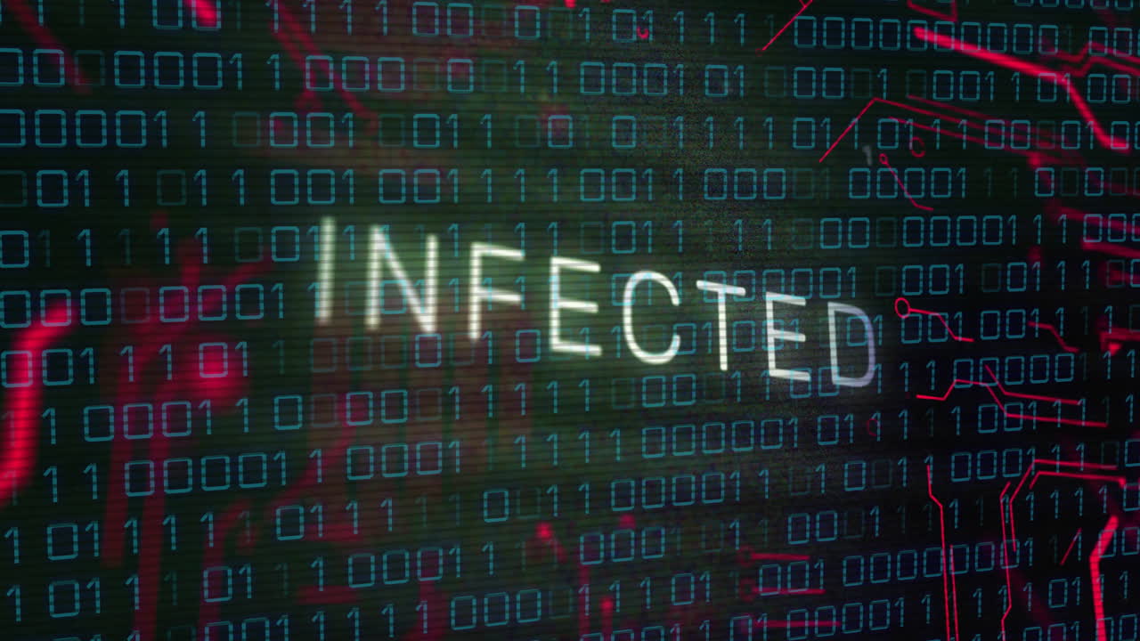 INFECTED text animation over binary code background, indicating cybersecurity threat
