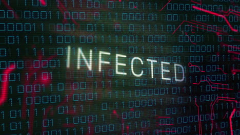 infected text animation over binary code background, indicating cybersecurity threat