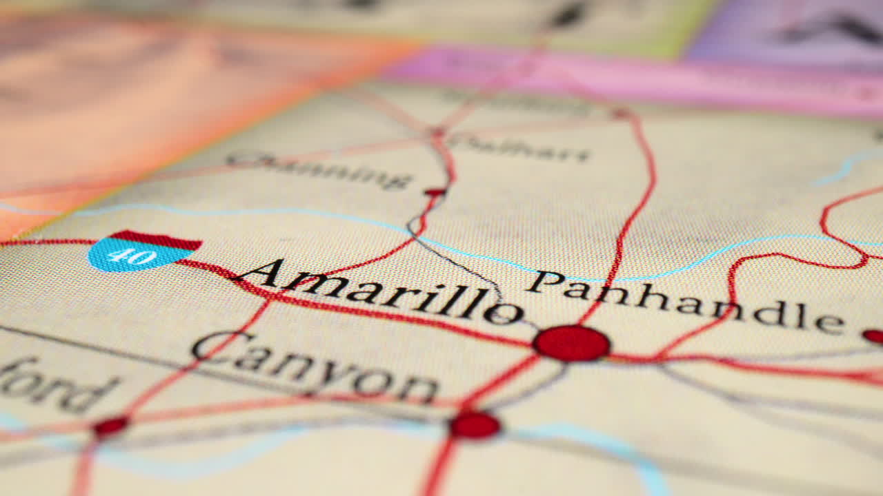 Amarillo, Canyon And Panhandle Cities Map Of United States Of America. - rack focus, zoom in shot