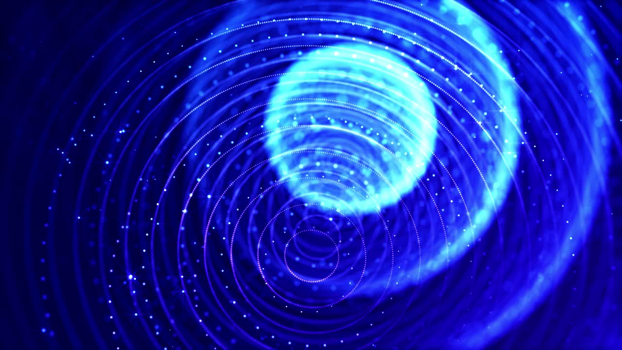 4k looped sci-fi particle background, bokeh and light effects. Glow blue particles form lines, surfaces, complex structures in smooth motion like in microworld or space. Concentric circular structures