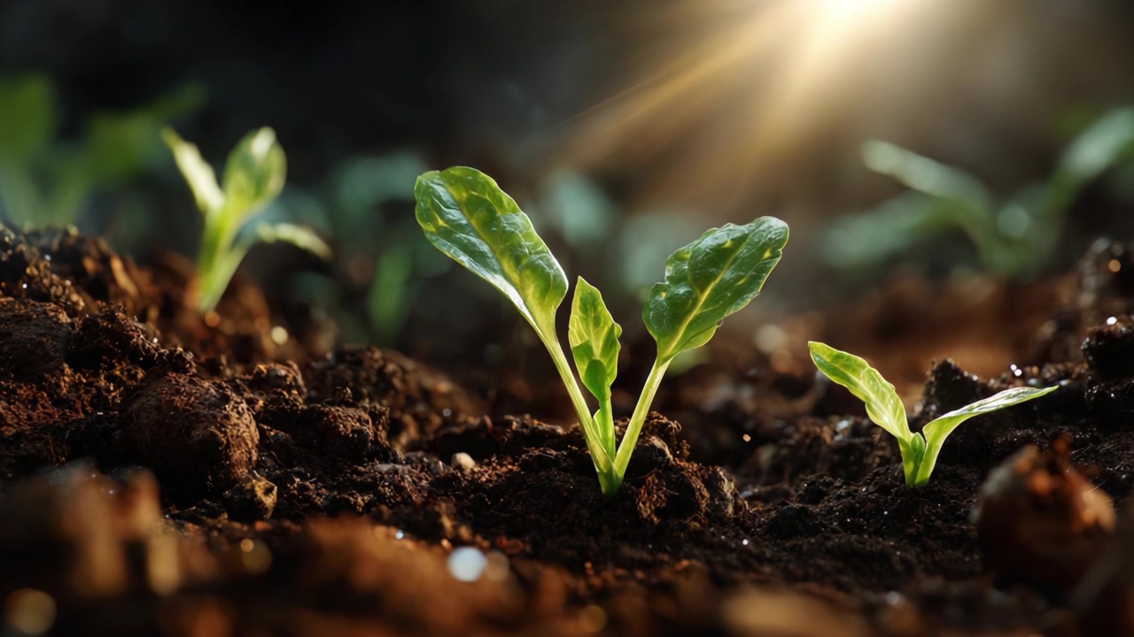 Emerging Green Life: A Close-Up Journey into the Birth of Young Seedlings Thriving in Rich Soil Under Gentle Sunlight, Symbolizing Growth and Renewal.