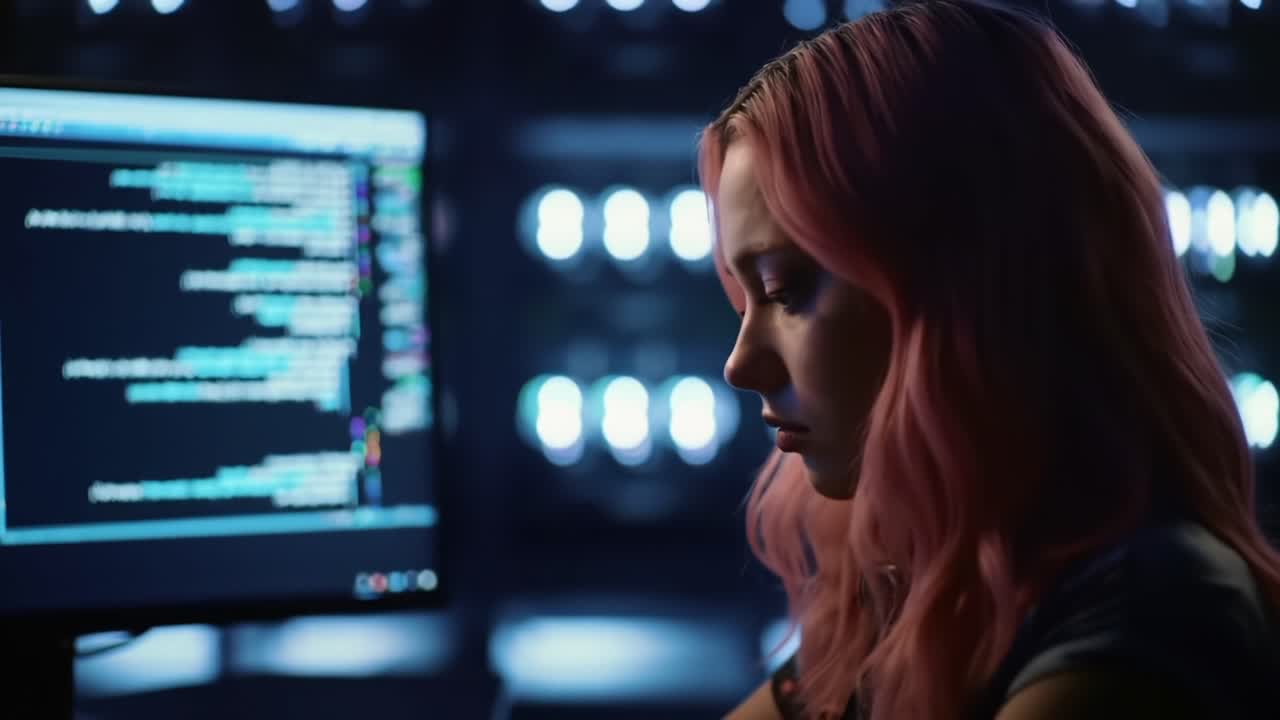 A Focused Coder Analyzes Complex Code on a Computer Screen, Illuminated by Ambient Lights, in a Modern Tech Environment