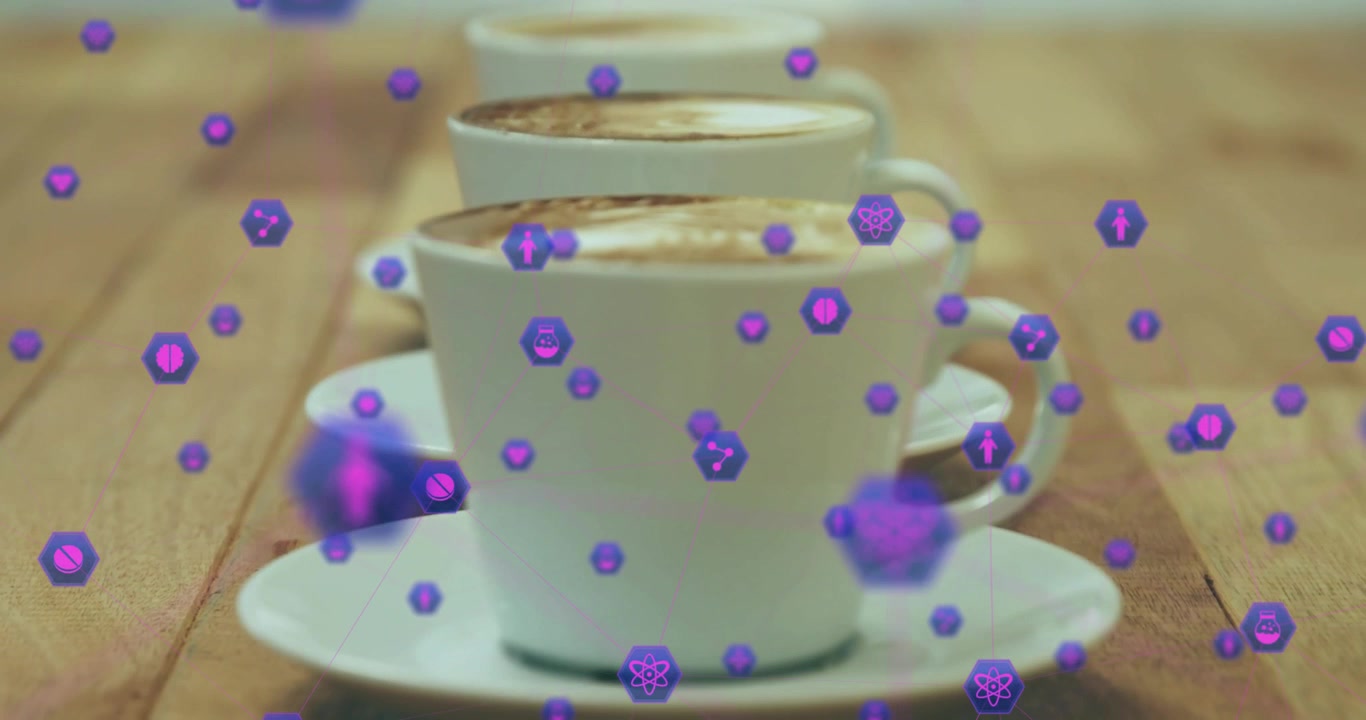 After one-second pink icons drifting around cappuccino cups, forming overlay, swirling then fading