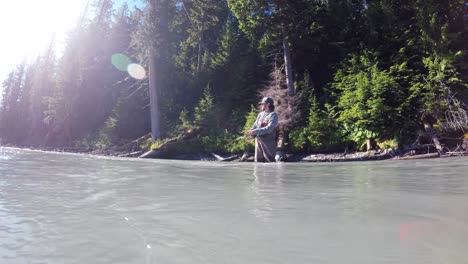 Man-fly-fishing-in-the-river-on-a-sunny-day-4k