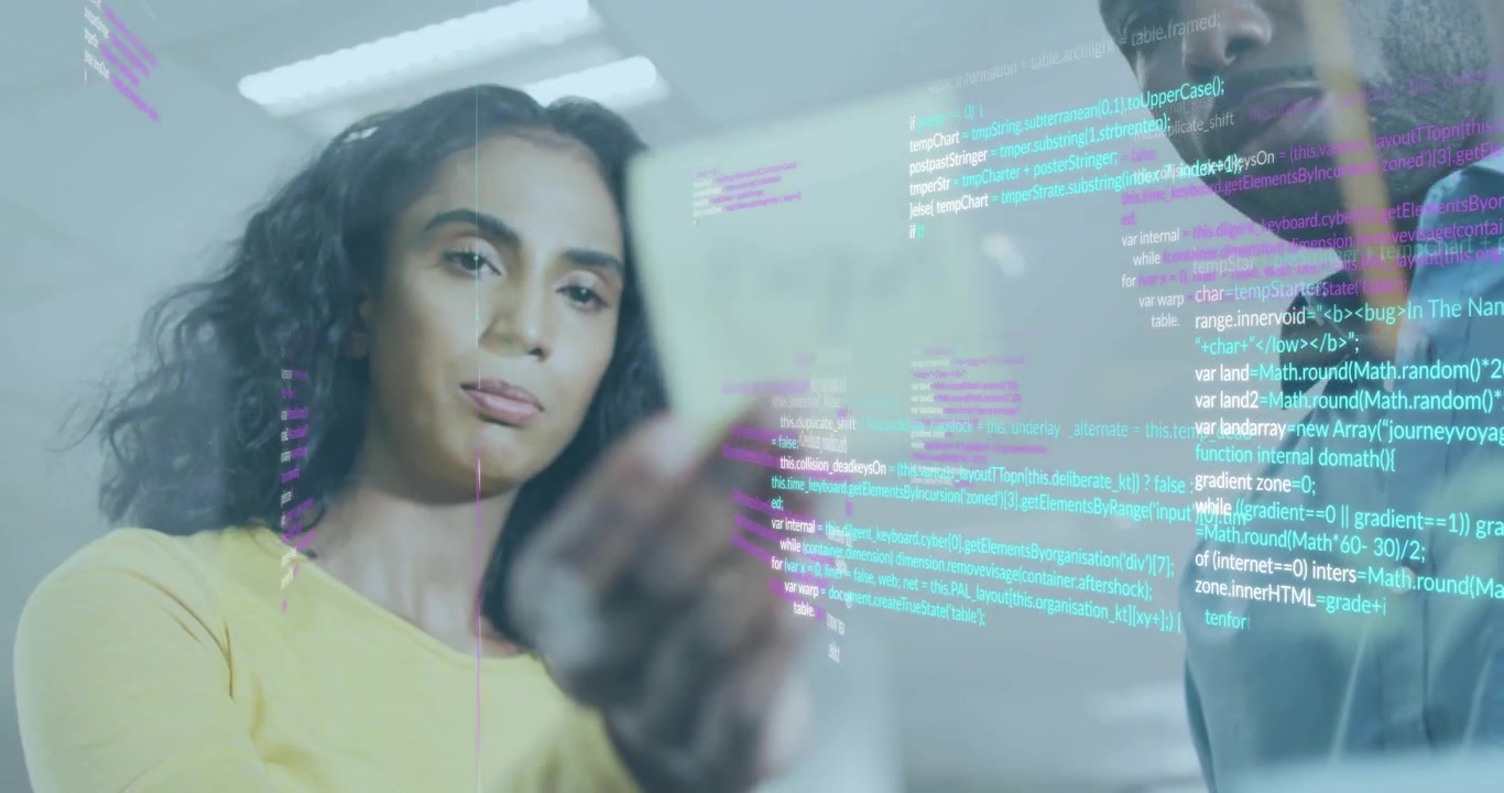 Woman tapping tablet, generating holographic code overlay in tech, swiping for collaborative review