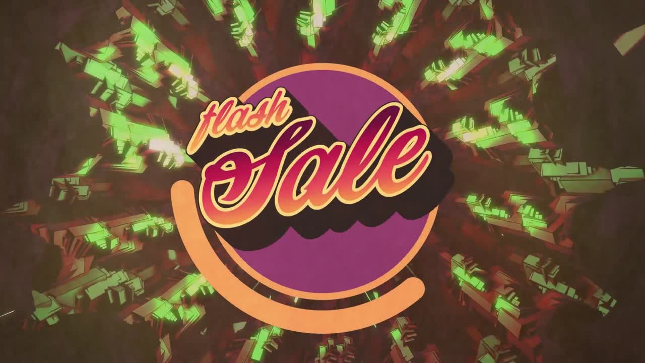 플래시 판매 텍스트의 애니메이션은 다채로운 추상적인 모양이 변합니다.