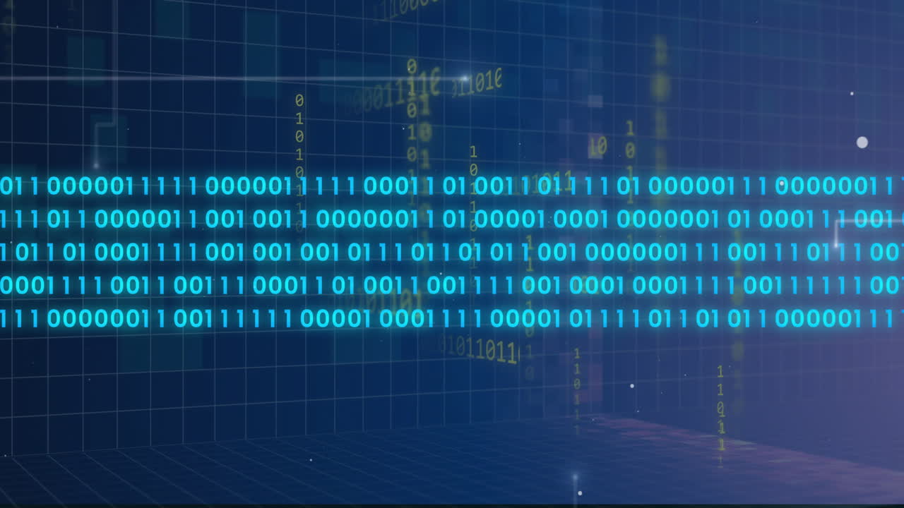 Binary code and data processing animation over digital grid background