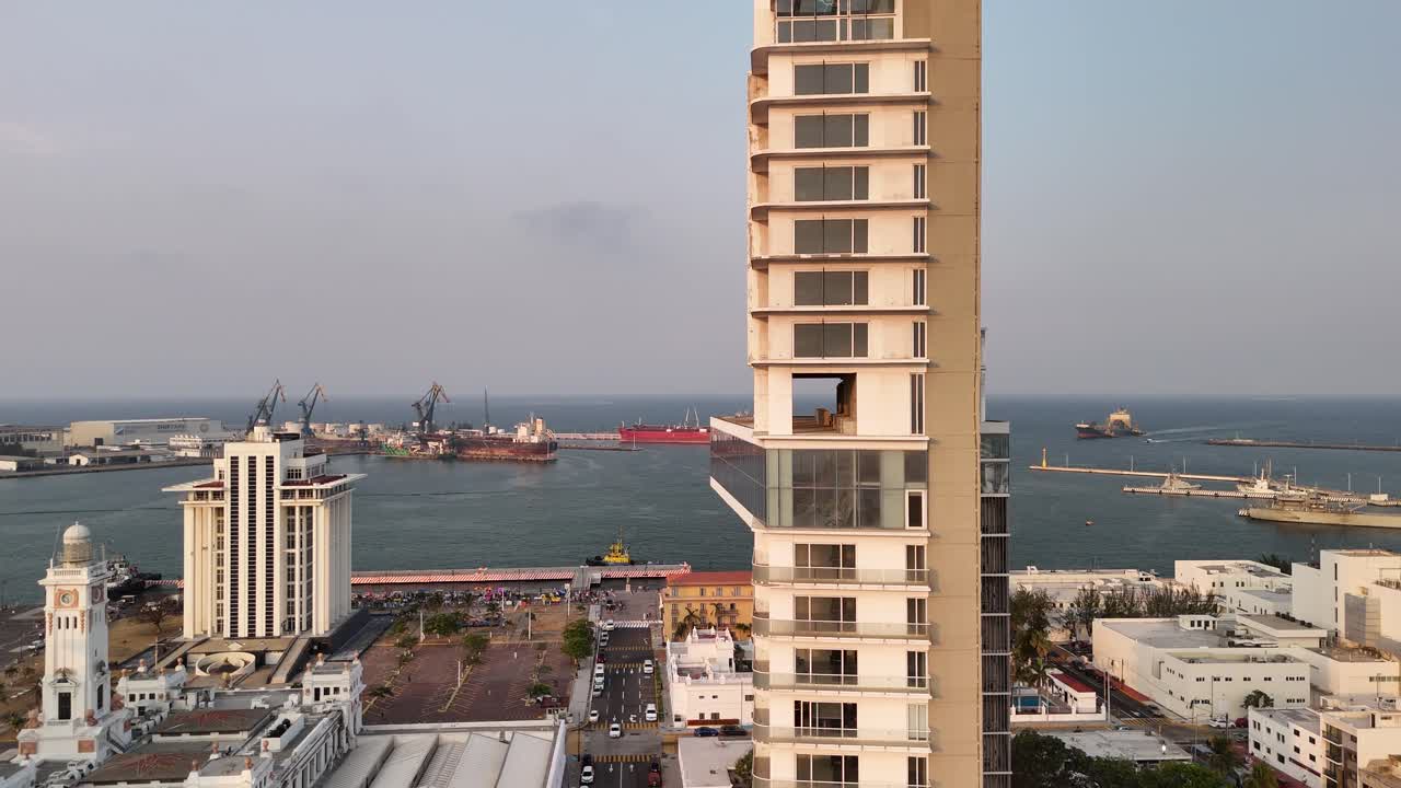 Aerial View of a Coastal City and Busy Port