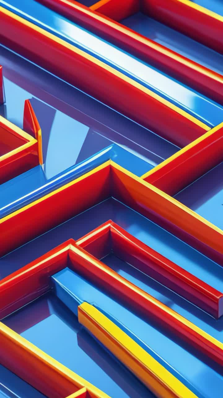 Vertical video: Shifting light casting highlights across red maze walls with yellow trim in CG