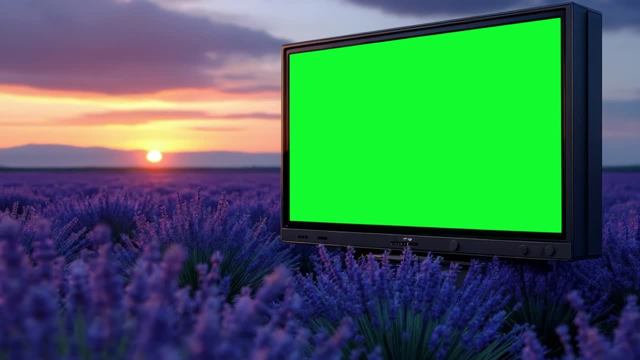 Television mock up featuring a green screen is positioned in a lavender field, surrounded by blooming flowers, as the sun sets in the background, creating a serene and colorful atmosphere