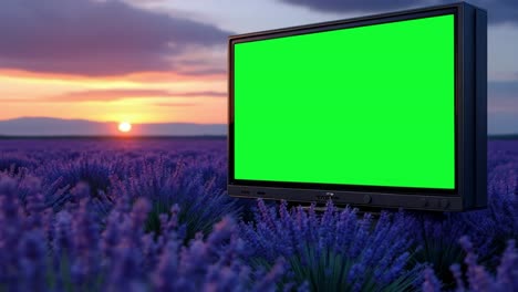 television mock up featuring a green screen is positioned in a lavender field, surrounded by blooming flowers, as the sun sets in the background, creating a serene and colorful atmosphere