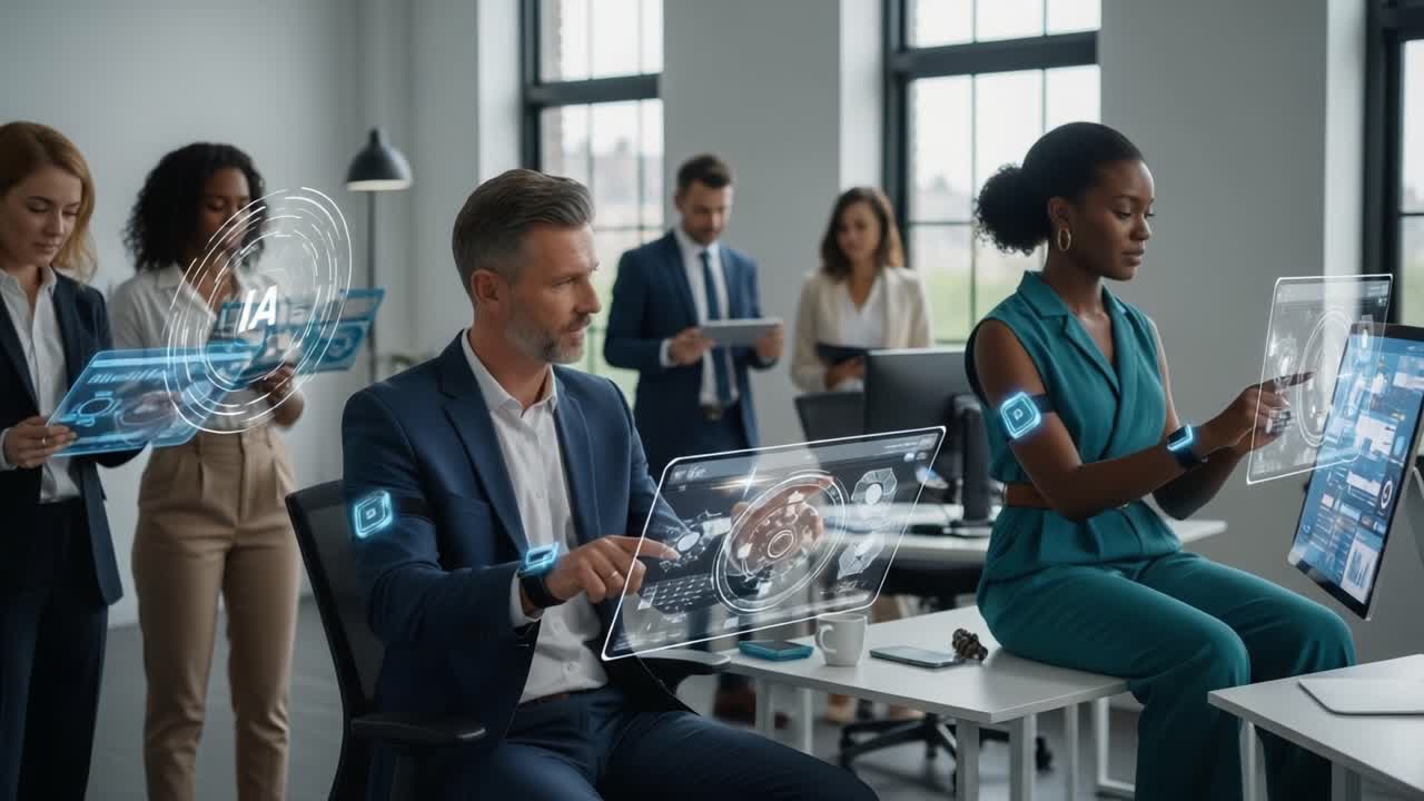 Innovazione collaborativa sul luogo di lavoro: membri del team che interagiscono con tecnologie avanzate e interfacce digitali per migliorare la produttività e la comunicazione