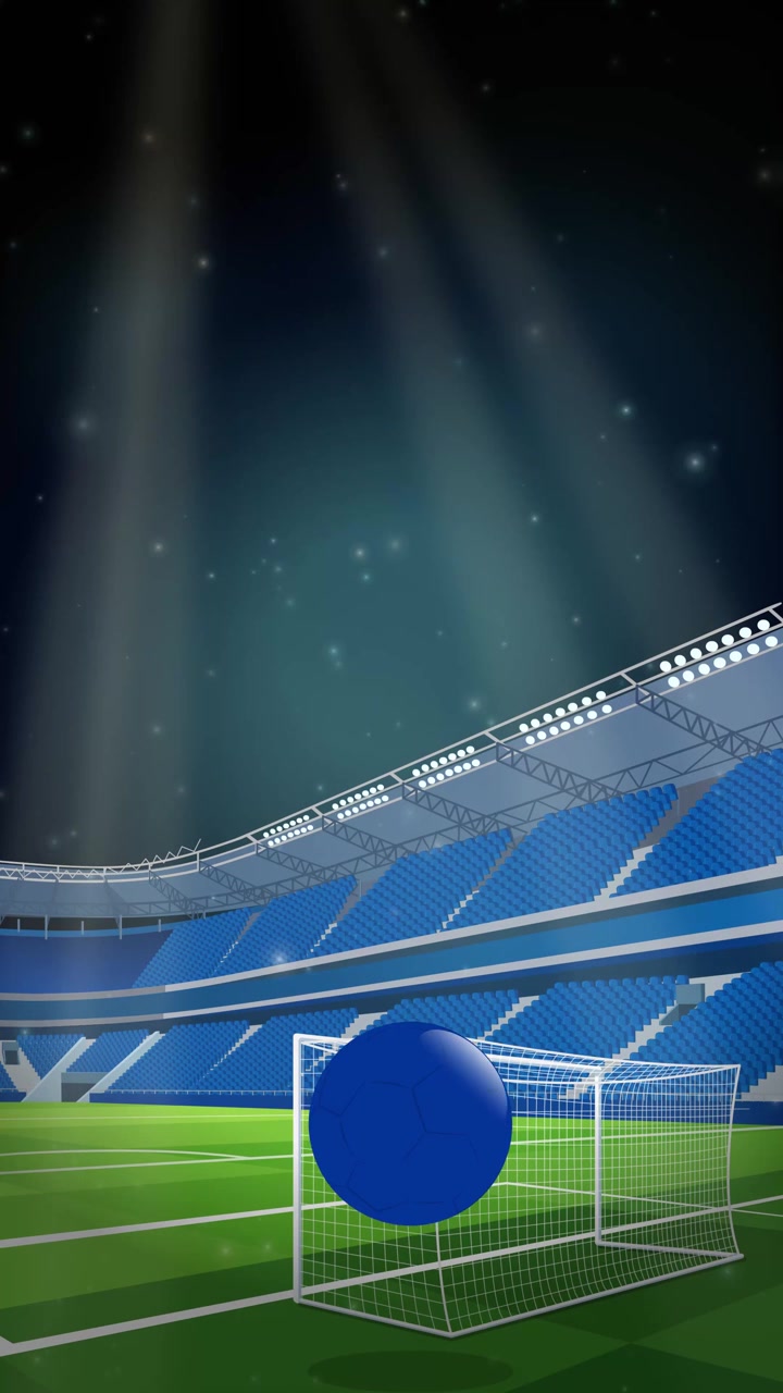 Blue Soccer Ball Bouncing in Empty Stadium at Night