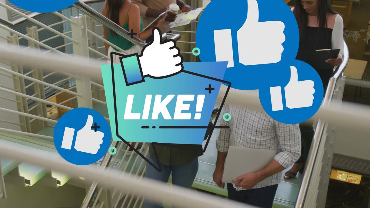 Animación de íconos de 'me gusta' sobre diversas personas de negocios subiendo escaleras