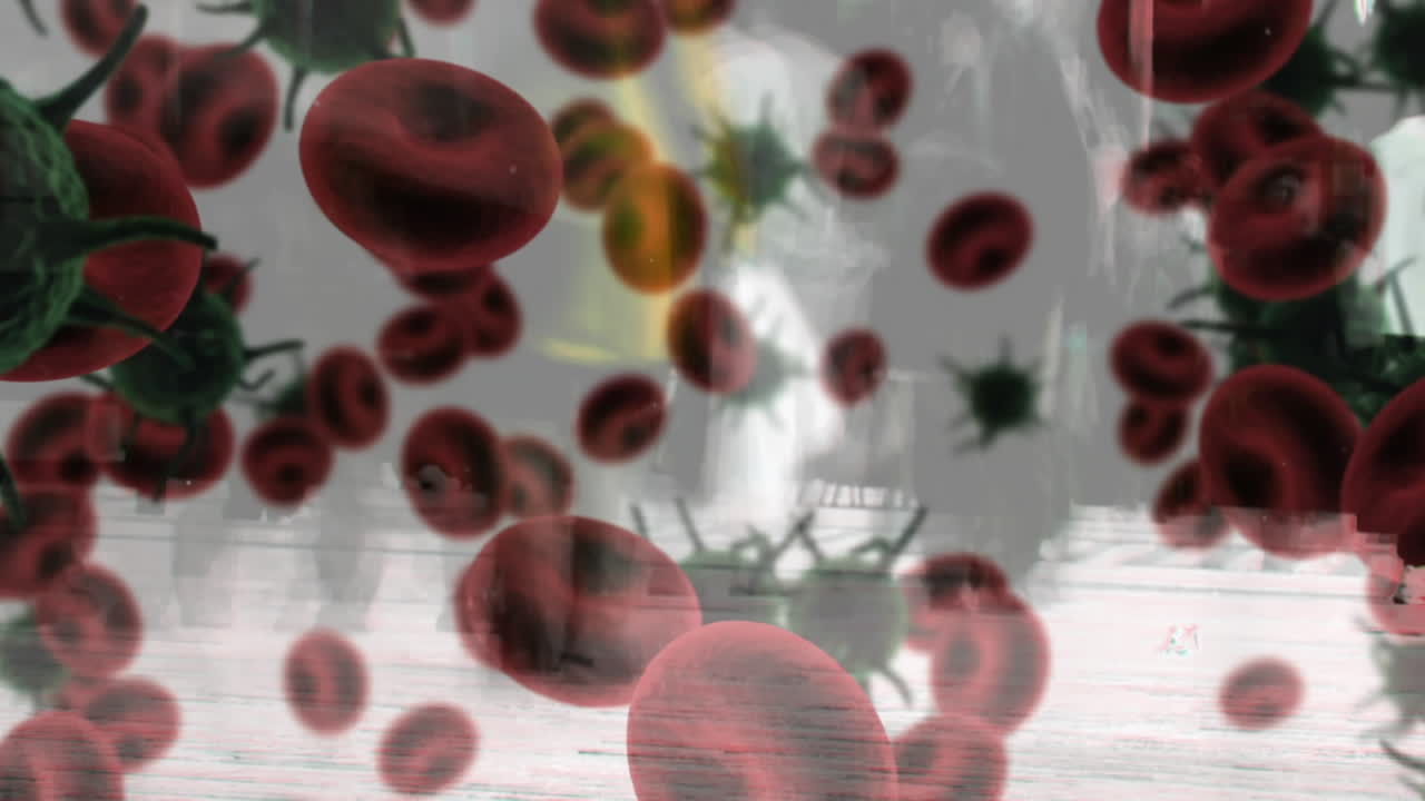 걸어다니는 사람들 위에 코로나 19 세포의 애니메이션