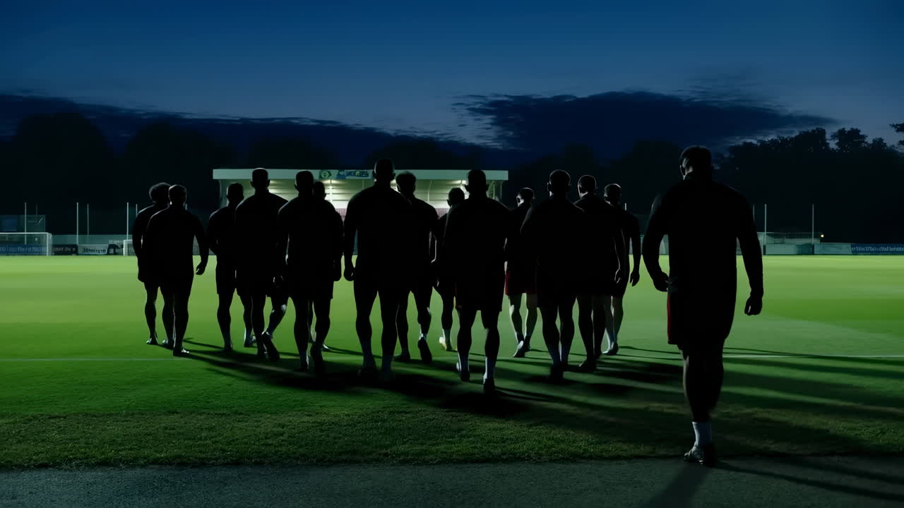 Sagome di calciatori che camminano su un campo verde di notte.