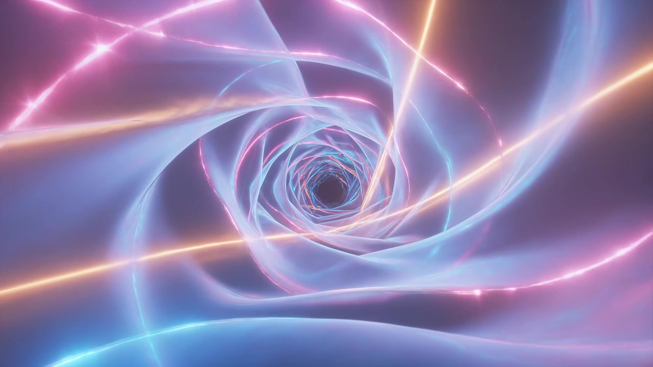 Tunnel a spirale rotante che si muove verso l'interno mentre la telecamera avanza, pareti a nastro con strisce al neon verso un vortice